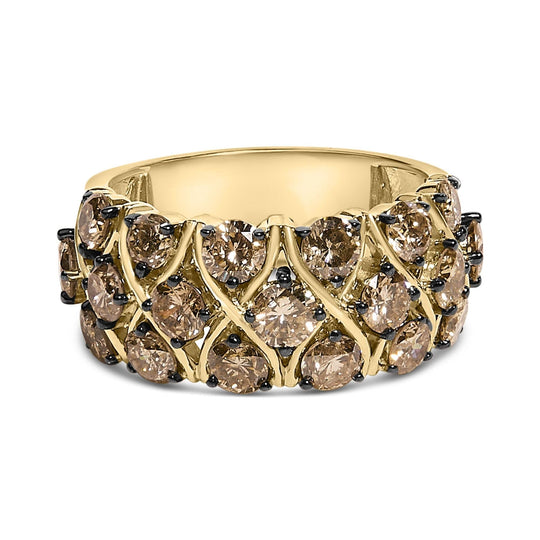 10K yellow gold lattice band ring with champagne diamond stones
