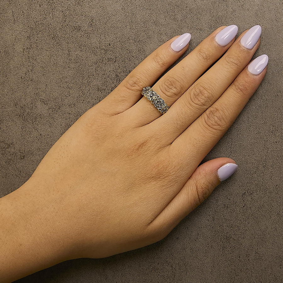10K Yellow Gold Plated .925 Sterling Silver 3/8 Cttw Champagne Diamond Lattice Work Band Ring