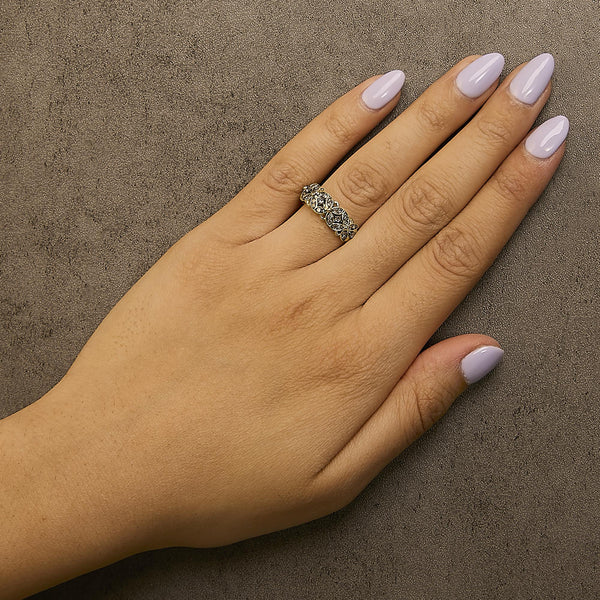 10K Yellow Gold Plated .925 Sterling Silver 3/8 Cttw Champagne Diamond Lattice Work Band Ring