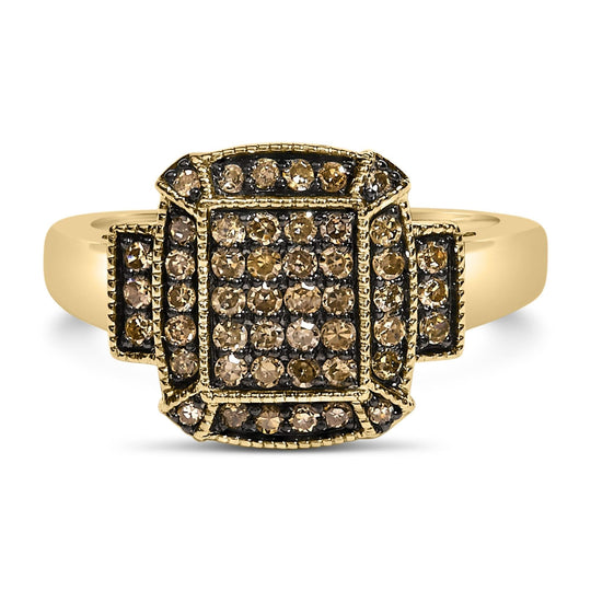 10K yellow gold ring with champagne diamonds in a stepped band setting