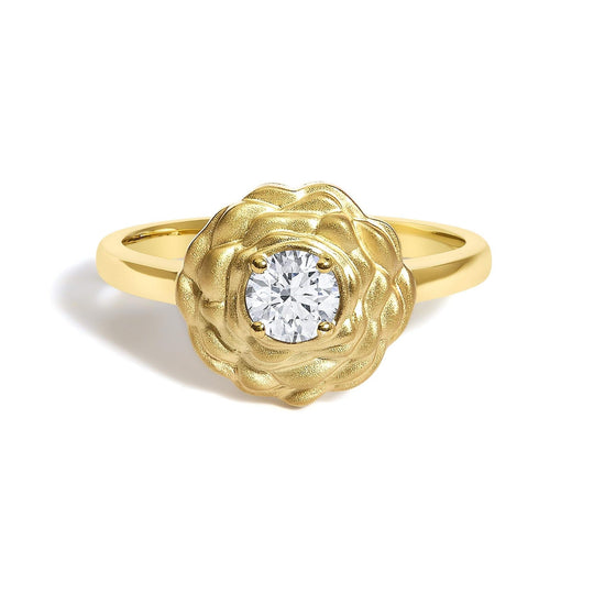 14K yellow gold ring with 1 round lab grown diamond in floral solitaire setting