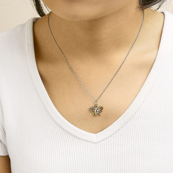 14K Yellow Gold Plated Sterling Silver Diamond Accent Bee Pendant Necklace