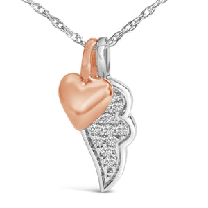 14K Rose Gold Plated Sterling Silver 1/10 Cttw Diamond Heart & Wing Pendant Necklace-1