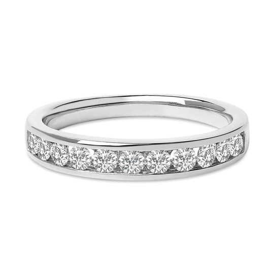 14K gold ring with 11 round diamond stones in a channel set band