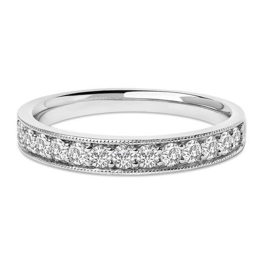 14K gold ring with round diamond stones and milgrain edge detail