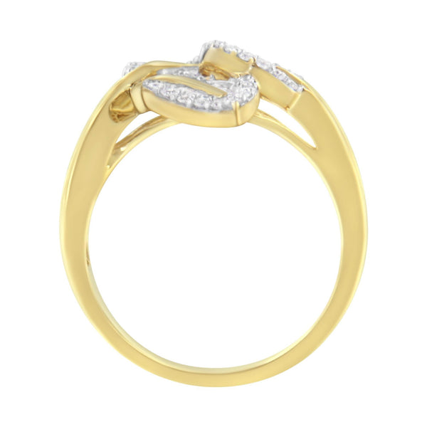 18K Yellow and White Gold Plated .925 Sterling Silver 3/8 Cttw Baguette and Round Diamond Bypass Triple Leaf Ring (I-J Color, I1-I2 Clarity)