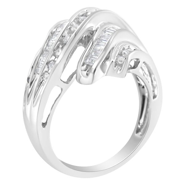 10K White Gold Round and Baguette Cut Diamond Channel Ring (3/4 Cttw, H-I Color, SI2-I1 Clarity)