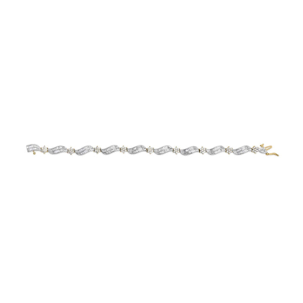 10K Yellow and White Gold 3.00 Cttw Diamond Cluster and Wave Link Bracelet (I-J Color, I1-I2 Clarity) - 7.25