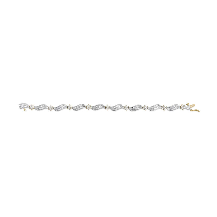 10K Yellow and White Gold 3.00 Cttw Diamond Cluster and Wave Link Bracelet (I-J Color, I1-I2 Clarity) - 7.25