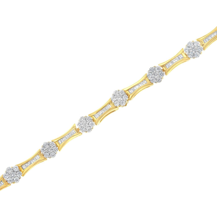 10K Yellow and White Gold 2.00 cttw Round and Baguette-Cut Diamond Link Bracelet (I-J Color, I2-I3 Clarity) - Size 7.25