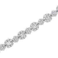 10K White Gold 4.0 cttw Brilliant Round-cut and Baguette Diamond Floral Cluster Link Bracelet (I-J Clarity, I1-I2 Color) - Size 7
