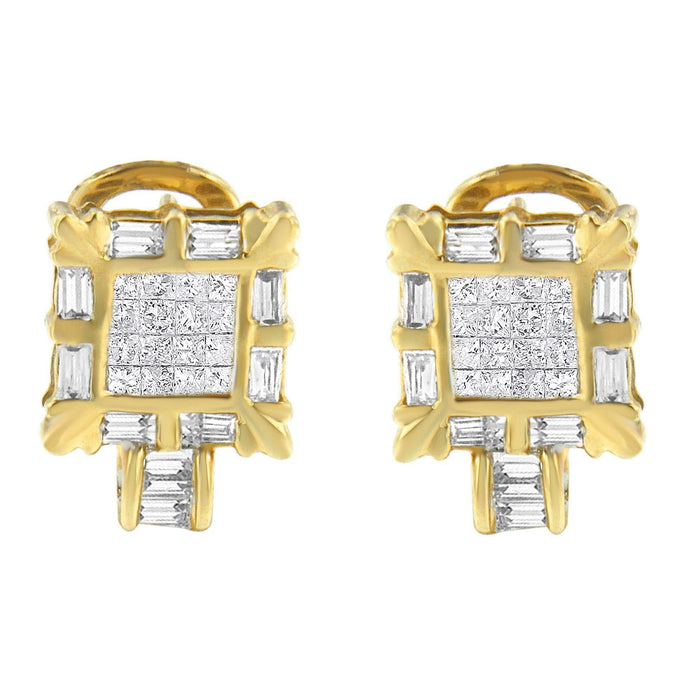 14K Yellow Gold 7/8 Cttw Princess and Baguette-Cut Diamond Square Framed Huggie Hoop Omega Earrings (H-I Color, SI1-SI2 Clarity)