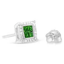 Sterling Silver Color Treated Princess Diamond Quad Stud Earring (1/2 cttw, Green Color, I1-I2 Clarity)-3