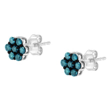 Sterling Silver Treated Blue Diamond Floral Stud Earrings (0.5 cttw, Blue Color, I2-I3 Clarity)-3
