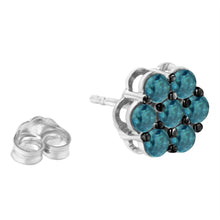 Sterling Silver Treated Blue Diamond Floral Stud Earrings (1 cttw, Blue Color, I2-I3 Clarity)-3