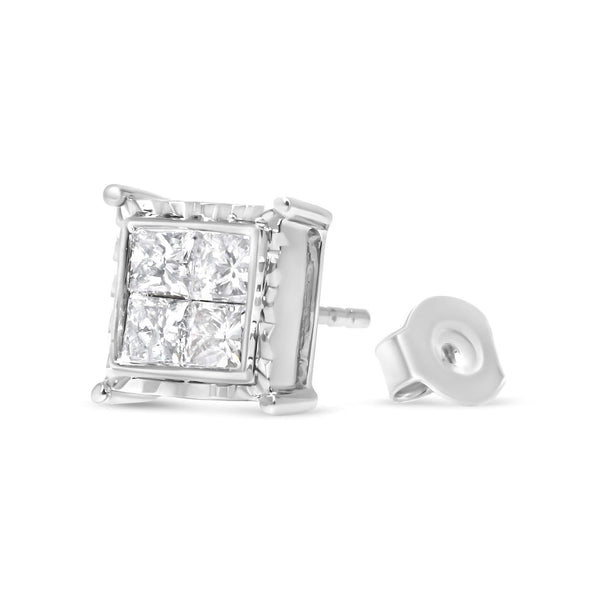 14K White Gold 2.00 Cttw Invisible Set Princess-Cut Lab Grown Diamond Wavy Quad Stud Earrings