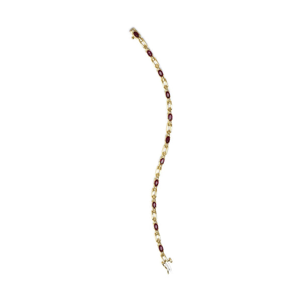 10K Yellow Gold Oval Ruby and 1/10 Cttw Diamond Bar Prong Set Bracelet (H-I Color, SI1-SI2 Clarity)  - Size 7
