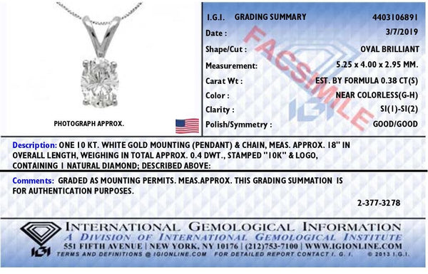 IGI Certified 10K White Gold 3/8 cttw Prong Set Diamond Oval Pendant Necklace (I-J Color, I1 Clarity) - Size 18