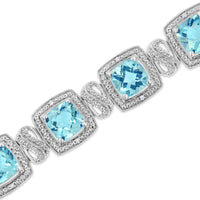 .925 Sterling Silver 7x7 mm Cushion Cut Blue Topaz and 1/10 Ctw Single Cut Diamond Square Shape Tennis Bracelet (I-J Color, I1-I2 Clarity) - 7
