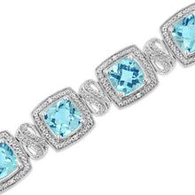 .925 Sterling Silver 7x7 mm Cushion Cut Blue Topaz and 1/10 Ctw Single Cut Diamond Square Shape Tennis Bracelet (I-J Color, I1-I2 Clarity) - 7"-3