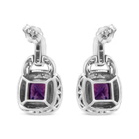 .925 Sterling Silver 8MM Natural Cushion Shaped Amethyst and Diamond Accent Halo with Push Back Dangle Earrings (I-J Color, I2-I3 Clarity)
