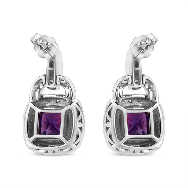 .925 Sterling Silver 8MM Natural Cushion Shaped Amethyst and Diamond Accent Halo with Push Back Dangle Earrings (I-J Color, I2-I3 Clarity)