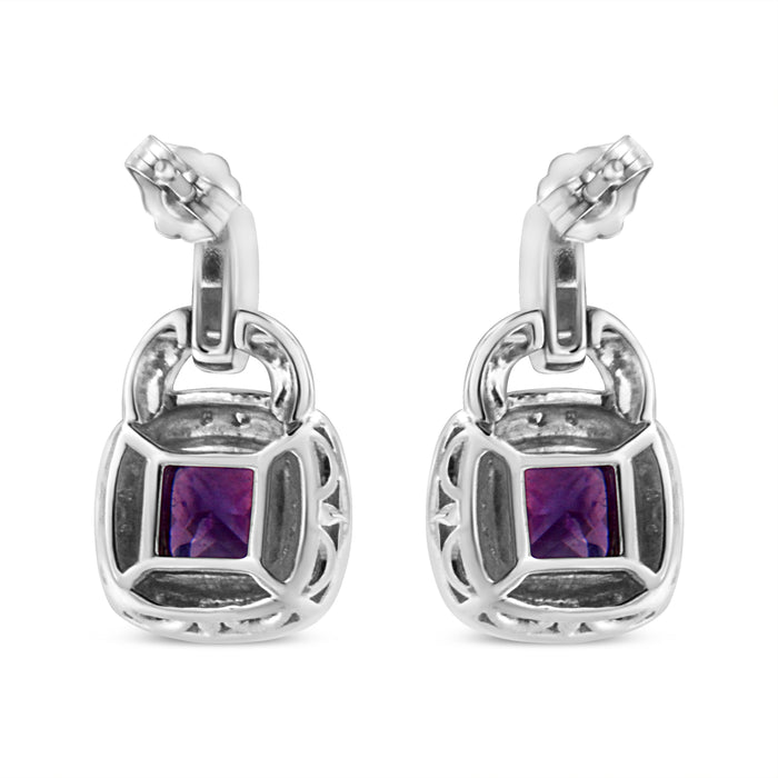 .925 Sterling Silver 8MM Natural Cushion Shaped Amethyst and Diamond Accent Halo with Push Back Dangle Earrings (I-J Color, I2-I3 Clarity)