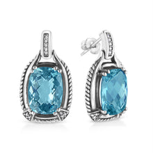 .925 Sterling Silver 14x10MM Cushion Cut Blue Topaz Gemstone and Diamond Accent Dangle Earring (I-J Color, I1-I2 Clarity)-3