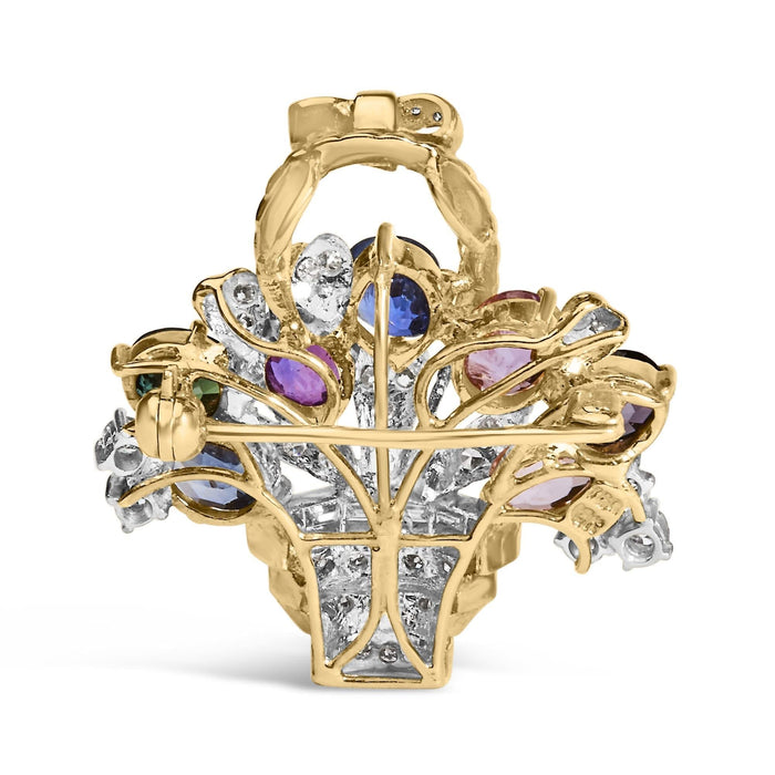 18K Yellow Gold 1 1/10 Cttw Diamond and Mixed Gemstone Floral Bouquet Pendant and Brooch Pin (G-H Color, VS1-VS2 Clarity)