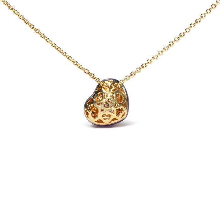 18K Yellow Gold Blue Enamel 1/10 Cttw Round Pave Diamonds Heart Shape 18
