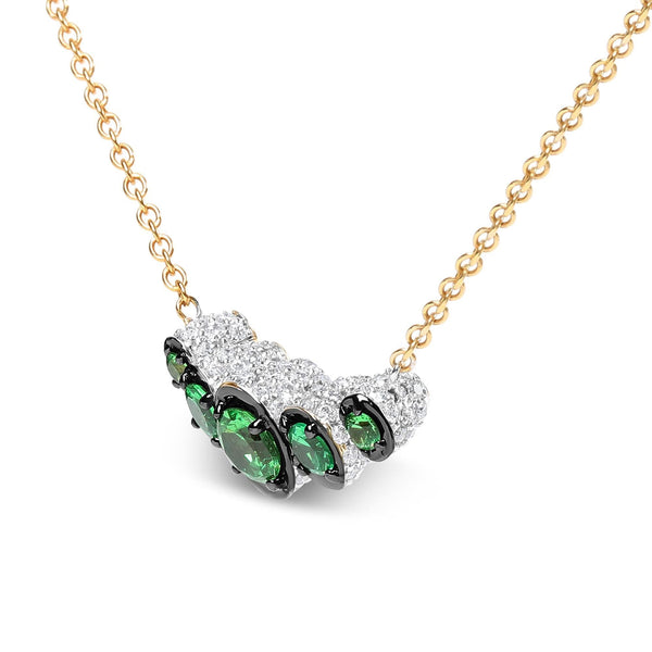 18K Rose Gold 3/4 Cttw Pave Diamonds and Graduated Green Tsavorite Gemstone Curved Bar Choker Necklace (G-H Color, SI1-SI2 Clarity) - Adjustable up to 14