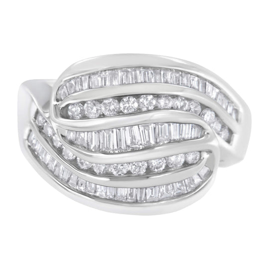 14K white gold bypass ring with two crossing rows of round diamonds