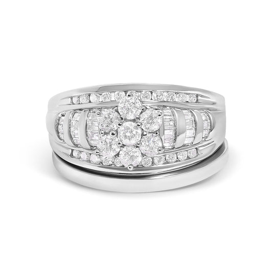 14K White Gold 1.0 Cttw Round and Baguette Diamond Cluster Bridal Set-0