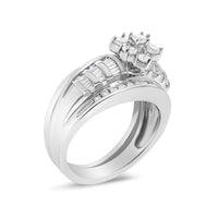 14K White Gold 1.0 Cttw Round and Baguette Diamond Cluster Bridal Set
