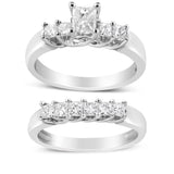 14K White Gold 1 1/2 Cttw 5 Stone Princess Diamond Engagement Wedding Ring Set (H-I Color, SI2-I1 Clarity)-1 thumbnail 2