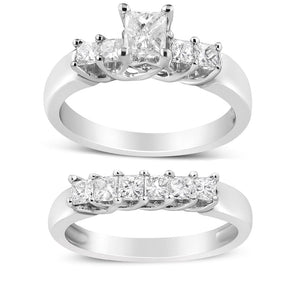 14K White Gold 1 1/2 Cttw 5 Stone Princess Diamond Engagement Wedding Ring Set (H-I Color, SI2-I1 Clarity)-1
