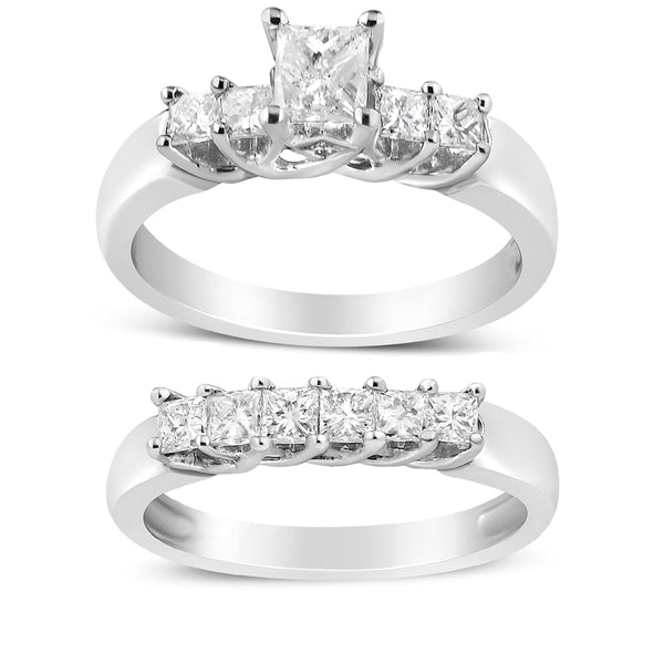 14K White Gold 1 1/2 Cttw 5 Stone Princess Diamond Engagement Wedding Ring Set (H-I Color, SI2-I1 Clarity)