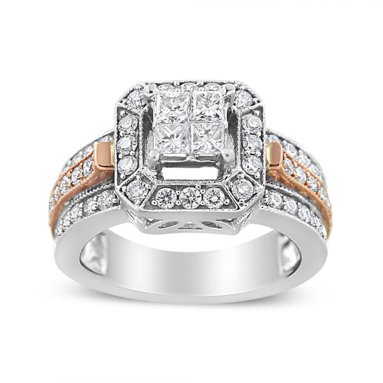 14K rose and white gold ring with princess and round diamond stones