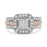 14K White and Rose Gold 1 1/8 Cttw Princess and Round-Cut Diamond Art Deco Style Triple Shank Halo Cocktail Ring (I-J Color, SI2-I1 Clarity)-1 thumbnail 2