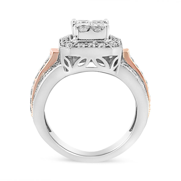 14K White and Rose Gold 1 1/8 Cttw Princess and Round-Cut Diamond Art Deco Style Triple Shank Halo Cocktail Ring (I-J Color, SI2-I1 Clarity)