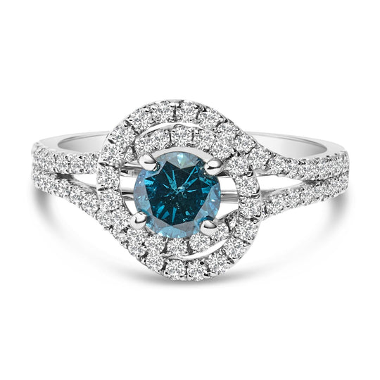 14K white gold ring with woven double halo of white and blue diamond stones