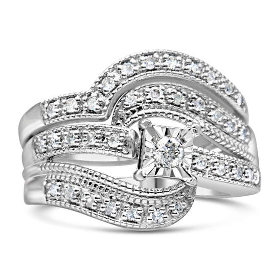 925 sterling silver crisscross bridal ring set with round diamond stones