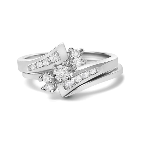 14K White Gold 3/8 Cttw Diamond Swirl Engagement Bridal Ring Set-0