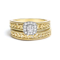 14K yellow gold ring with halo of round diamond stones and milgrain band