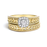 14K yellow gold ring with halo of round diamond stones and milgrain band thumbnail 1