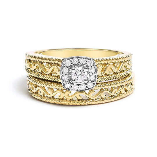 14K Yellow Gold Plated .925 Sterling Silver 1/5 Cttw Diamond Halo and Milgrain Finish Engagement Ring Bridal Set (I-J Color I3 Clarity)-0