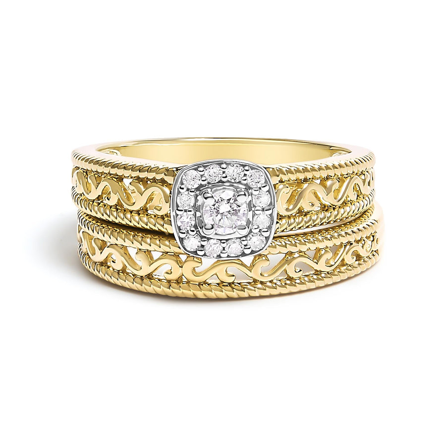14K Yellow Gold Plated .925 Sterling Silver 1/5 Cttw Diamond Halo and Milgrain Finish Engagement Ring Bridal Set (I-J Color I3 Clarity)