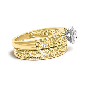 14K Yellow Gold Plated .925 Sterling Silver 1/5 Cttw Diamond Halo and Milgrain Finish Engagement Ring Bridal Set (I-J Color I3 Clarity)-1