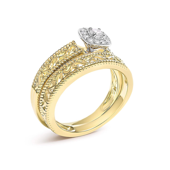 14K Yellow Gold Plated .925 Sterling Silver 1/5 Cttw Diamond Halo and Milgrain Finish Engagement Ring Bridal Set (I-J Color I3 Clarity)