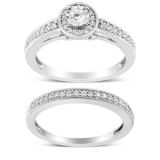 925 sterling silver halo ring with round diamond stones and milgrain detail